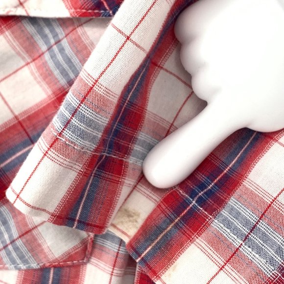 Wrangler M Wrancher Shirt Red Blue Plaid Pearl Snap Button Short Sleeve Collared - Picture 6 of 13